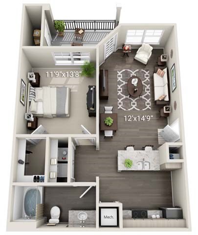 A 11'9"x13'8" living space with a 12'x14'9" kitchen area.