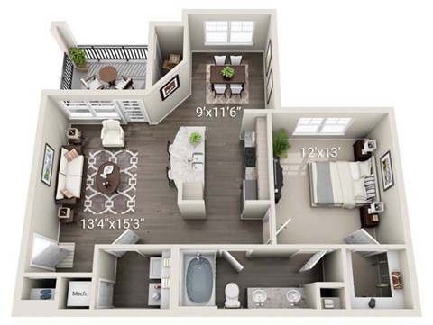 A 3D floor plan of a house with a living room, kitchen, and bathroom.