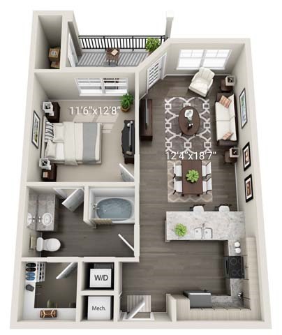 A floor plan of a small apartment with a kitchen, living room, and bathroom.