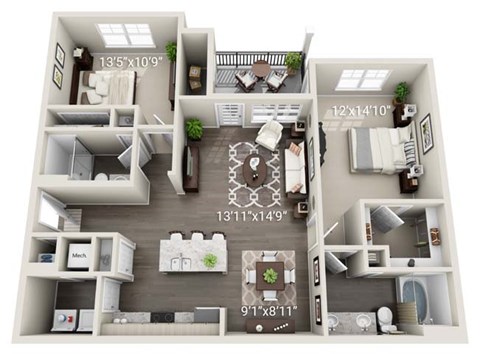 A 3D floor plan of a house with dimensions and room labels.
