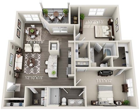 A 3D floor plan of a house with labeled dimensions.
