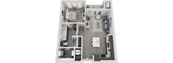 A floor plan of a small apartment with a living room, kitchen, and bedroom.