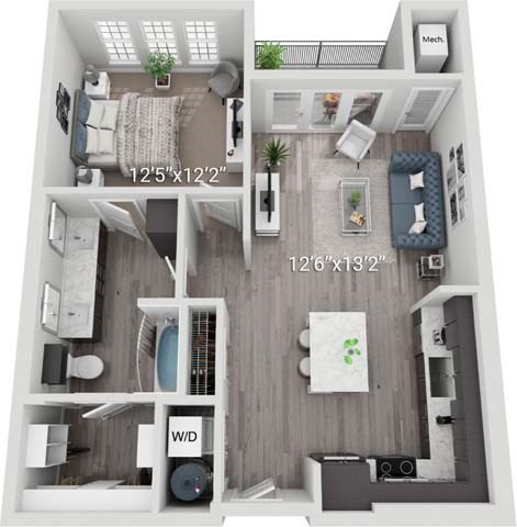 A floor plan of a small apartment with a living room, kitchen, and bedroom.