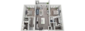A floor plan of a small apartment with a kitchen, living room, and bedrooms.