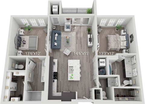 A floor plan of a small apartment with a kitchen, living room, and bedrooms.