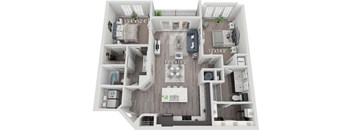 A 3D floor plan of a house with a living room, kitchen, and two bedrooms.