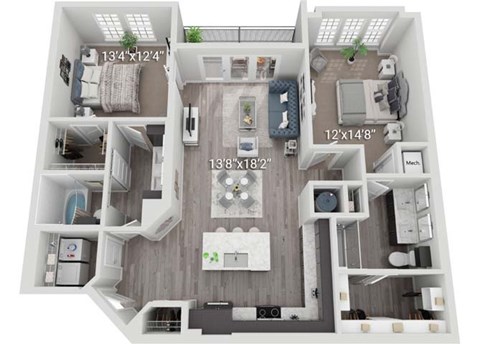 A 3D floor plan of a house with a living room, kitchen, and two bedrooms.