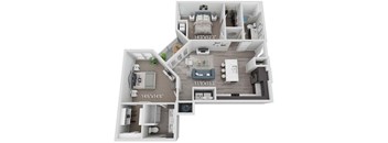 A 3D floor plan of a house with dimensions 14'3"x12'3" and 11'9"x15'2".