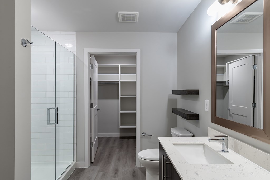 Frameless walk-in showers with designer tile