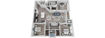 A 3D floor plan of a two-bedroom apartment with dimensions.