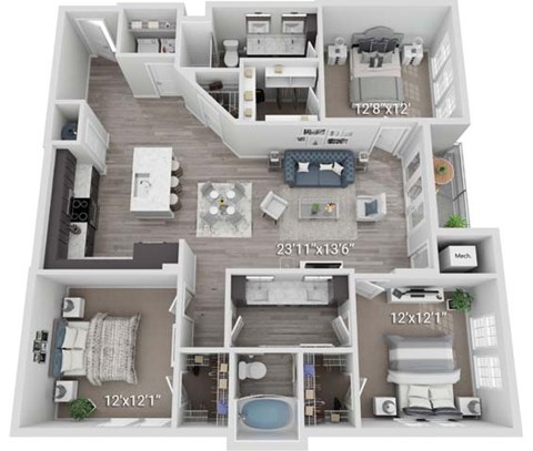 A 3D floor plan of a two-bedroom apartment with dimensions.