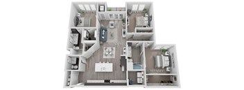 A 3D floor plan of a house with dimensions of each room.