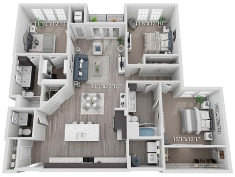 A 3D floor plan of a house with dimensions of each room.