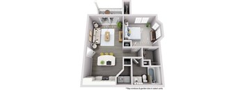 A diagram of a two-bedroom apartment with a living room, kitchen, and bathroom.