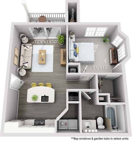 A diagram of a two-bedroom apartment with a living room, kitchen, and bathroom.