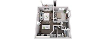 A 3D floor plan of a small apartment with a kitchen, living room, and bedroom.