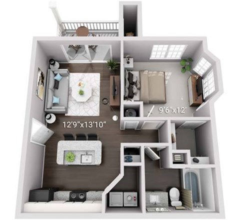 A 3D floor plan of a small apartment with a kitchen, living room, and bedroom.