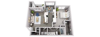 A 3D floor plan of a house with a living room, kitchen, and bathroom.