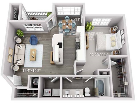 A 3D floor plan of a house with a living room, kitchen, and bathroom.