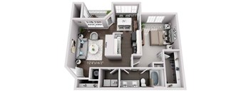 A 3D floor plan of a house showing a living room, kitchen, and two bedrooms.