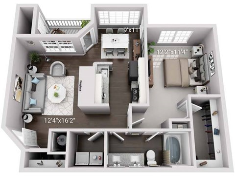 A 3D floor plan of a house showing a living room, kitchen, and two bedrooms.