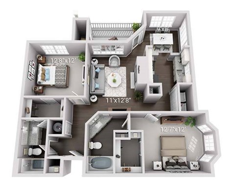 A 3D floor plan of a house with labeled dimensions.