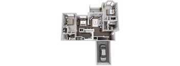 A floor plan of a house with a garage for a car.