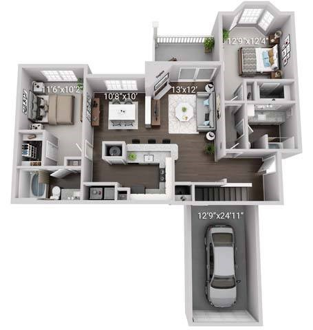 A floor plan of a house with a garage for a car.