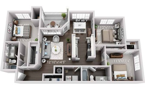 A 3D floor plan of a house with dimensions and room descriptions.
