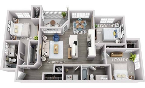 A 3D floor plan of a house with labeled dimensions.