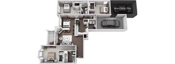 A floor plan of an apartment complex with dimensions and a "Select Units Only" sign.