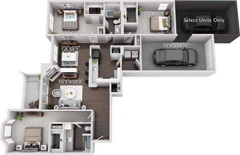 A floor plan of an apartment complex with dimensions and a "Select Units Only" sign.