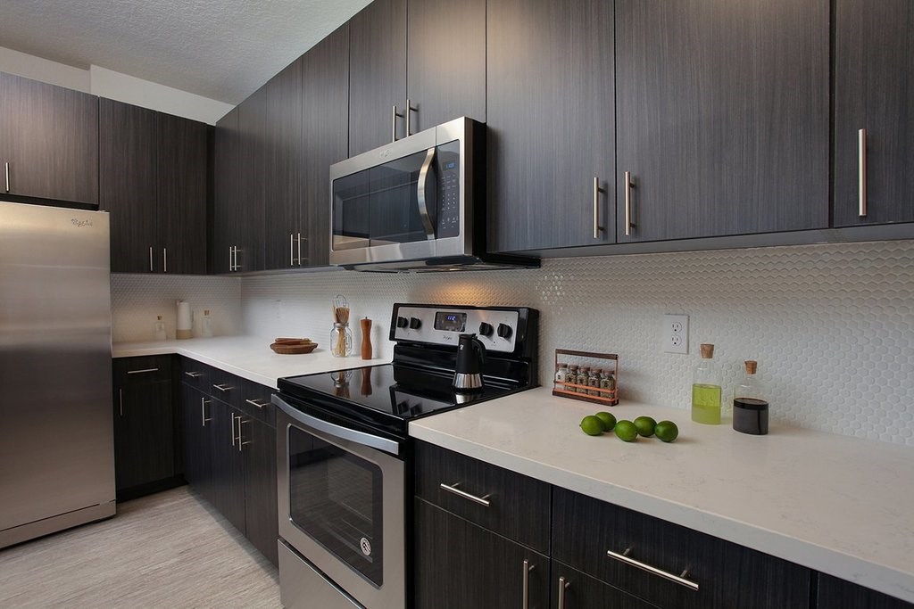 Stainless steel appliances and designer backsplash