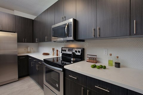 A modern kitchen with dark wood cabinets and stainless steel appliances.