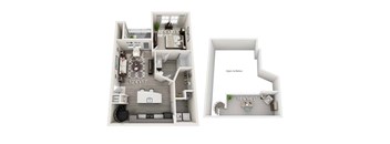 A floor plan of a two-bedroom apartment with dimensions and a smaller inset showing the apartment's position within a building.