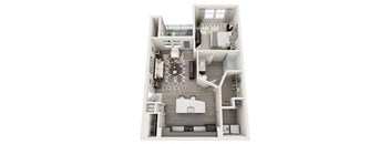 A floor plan of a small apartment with a kitchen, living room, and bedroom.