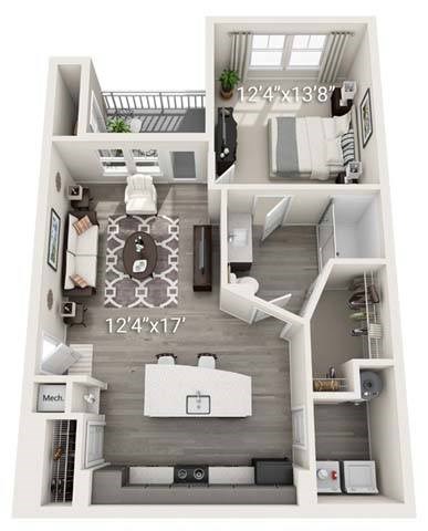 A floor plan of a small apartment with a kitchen, living room, and bedroom.