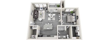 A 3D floor plan of a small apartment with a living room, kitchen, and bedroom.