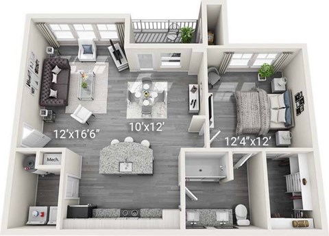 A 3D floor plan of a small apartment with a living room, kitchen, and bedroom.