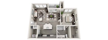 A 3D floor plan of a house with labeled dimensions.