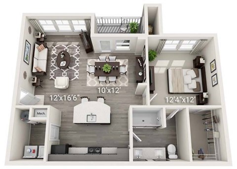 A 3D floor plan of a house with labeled dimensions.