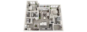 A 3D floor plan of a house with labeled dimensions.
