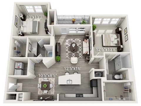 A 3D floor plan of a house with labeled dimensions.