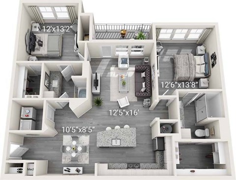 A 10'5"x8'5" living space with a kitchen, dining area, and a bathroom.