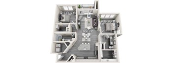 A 3D floor plan of a two-bedroom apartment with dimensions and furniture layout.