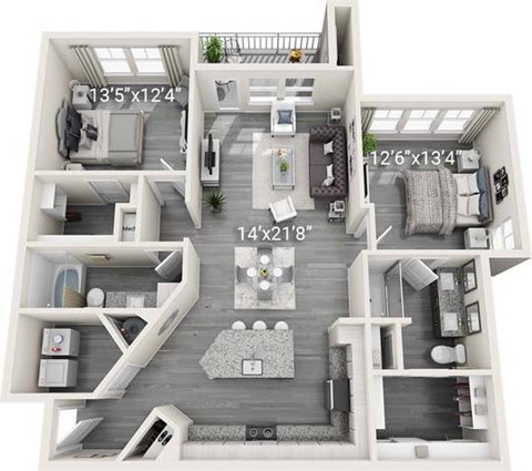 A 3D floor plan of a two-bedroom apartment with dimensions and furniture layout.