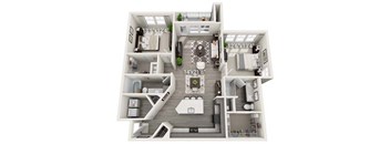 A 3D floor plan of a house with dimensions and furniture layout.