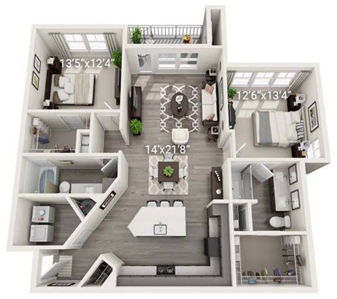 A 3D floor plan of a house with dimensions and furniture layout.