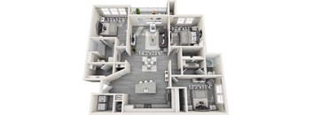 A 3D floor plan of a house with labeled dimensions.