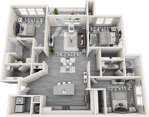 A 3D floor plan of a house with labeled dimensions.